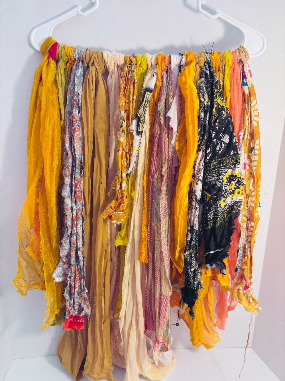 Vibrant Sari Silk fabric strips in gold and yellow hues. New.